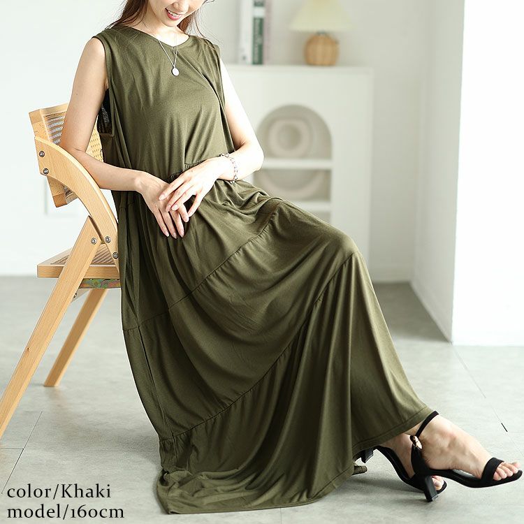 大きいサイズ レディース Vネックノースリーブティアードワンピース