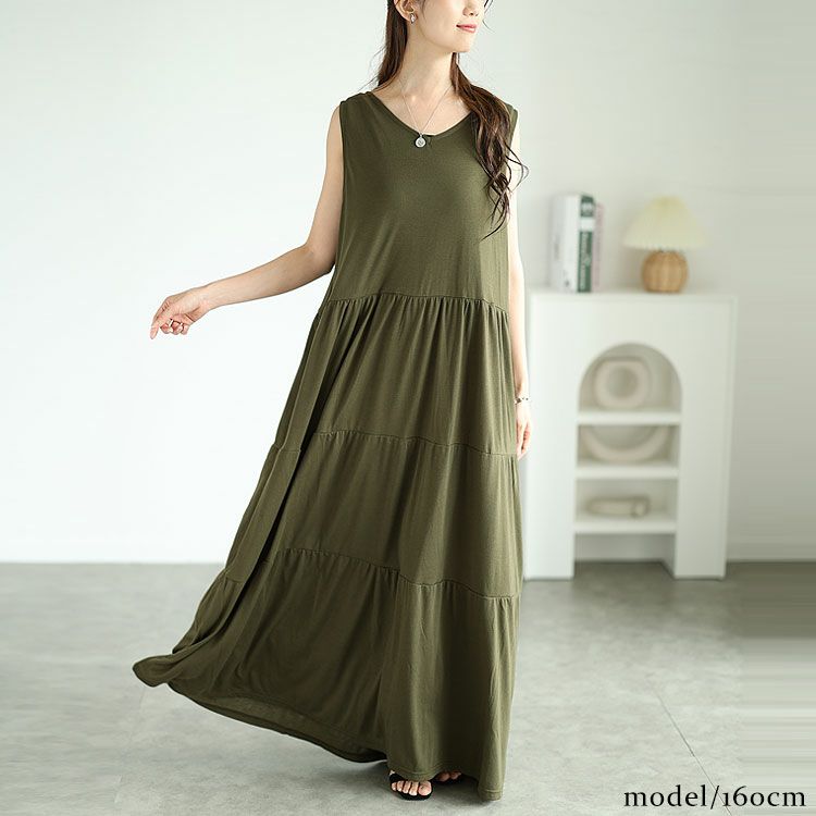 大きいサイズ レディース Vネックノースリーブティアードワンピース