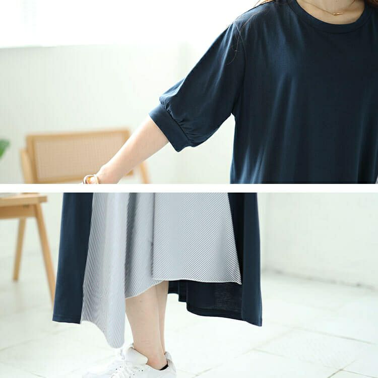 大きいサイズ レディース ストライプ切り替えアシンメトリーワンピース　cast-5544047