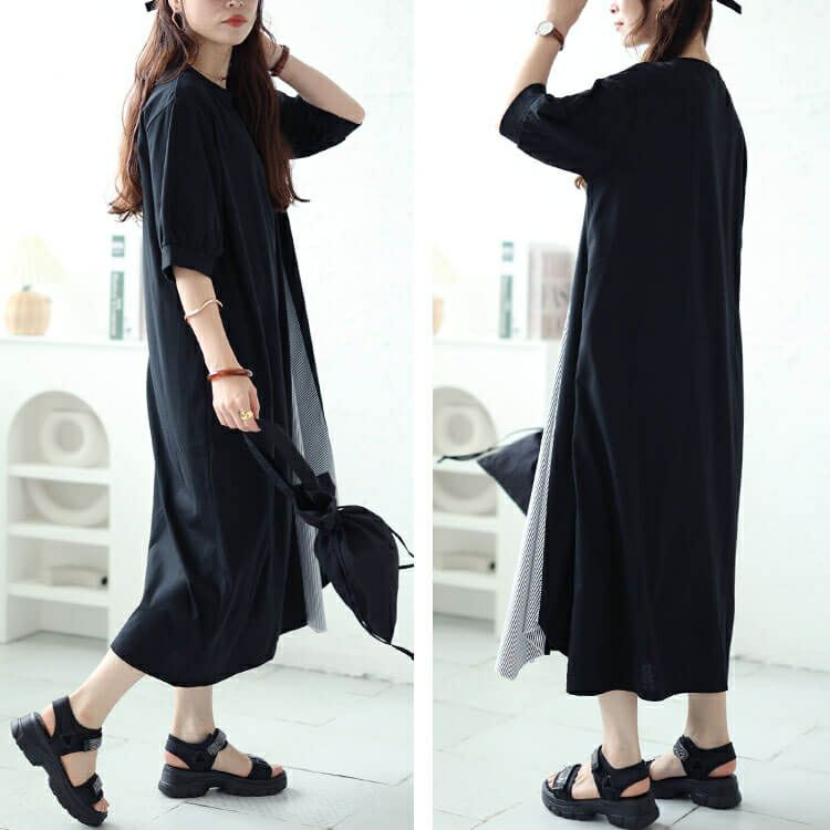 大きいサイズ レディース ストライプ切り替えアシンメトリーワンピース　cast-5544047