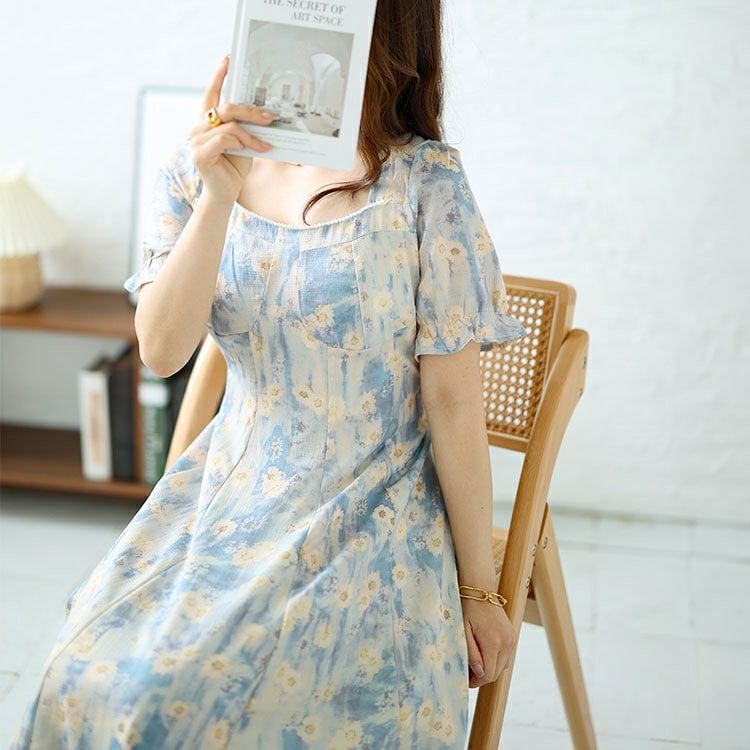 大きいサイズ レディース パールネック花柄ロングワンピース　goldy-1546