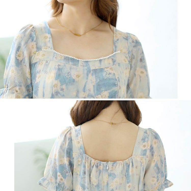 大きいサイズ レディース パールネック花柄ロングワンピース　goldy-1546