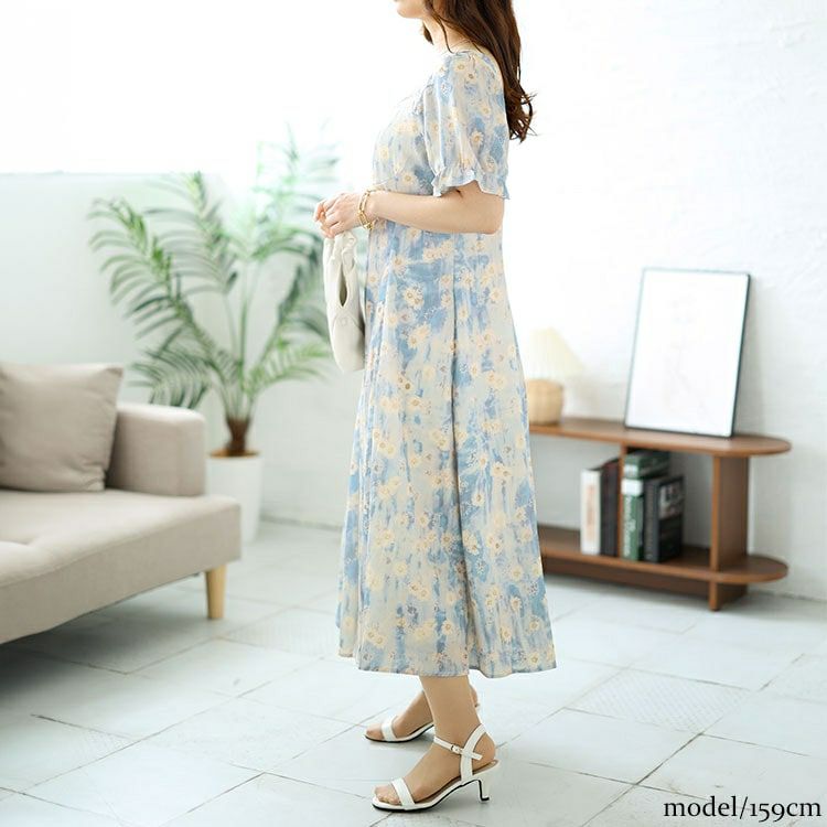 大きいサイズ レディース パールネック花柄ロングワンピース　goldy-1546