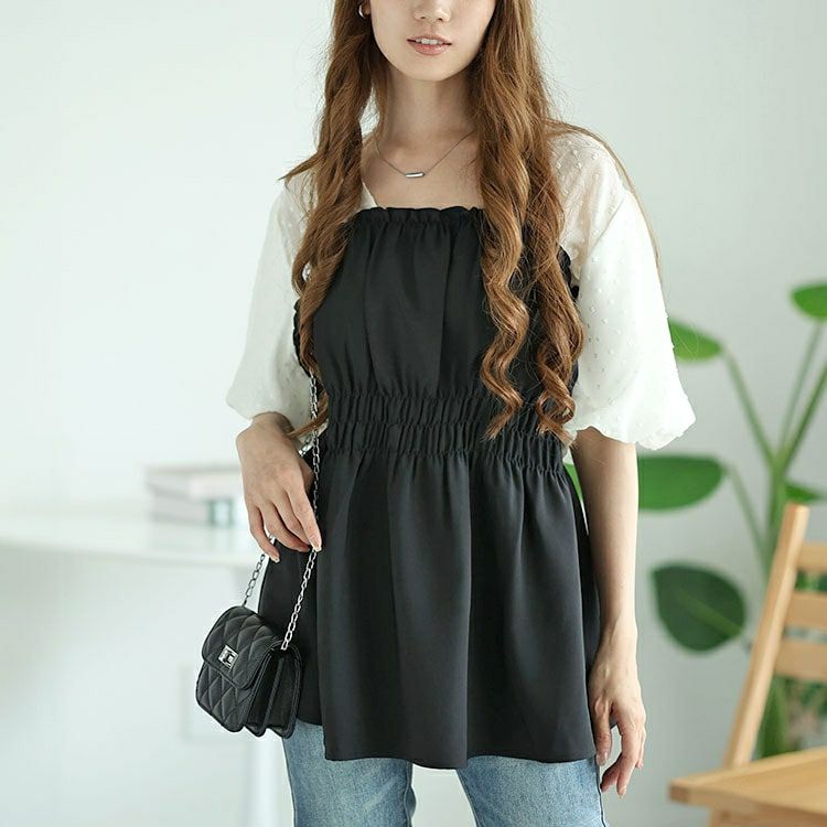 大きいサイズ レディース ペプラムビスチェドッキングドットドビーバルーンスリーブチュニック　nh240332