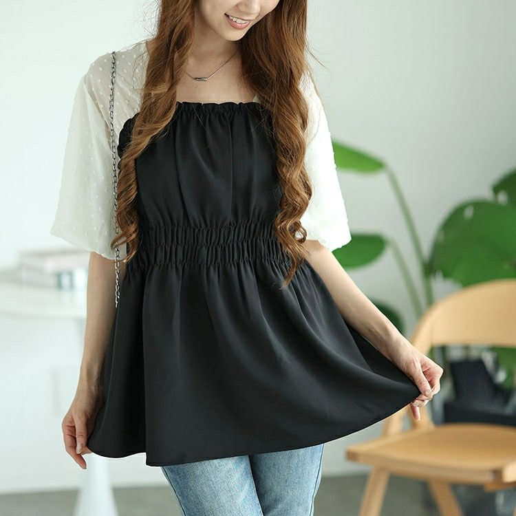 大きいサイズ レディース ペプラムビスチェドッキングドットドビーバルーンスリーブチュニック　nh240332