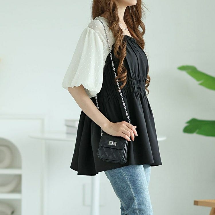 大きいサイズ レディース ペプラムビスチェドッキングドットドビーバルーンスリーブチュニック　nh240332