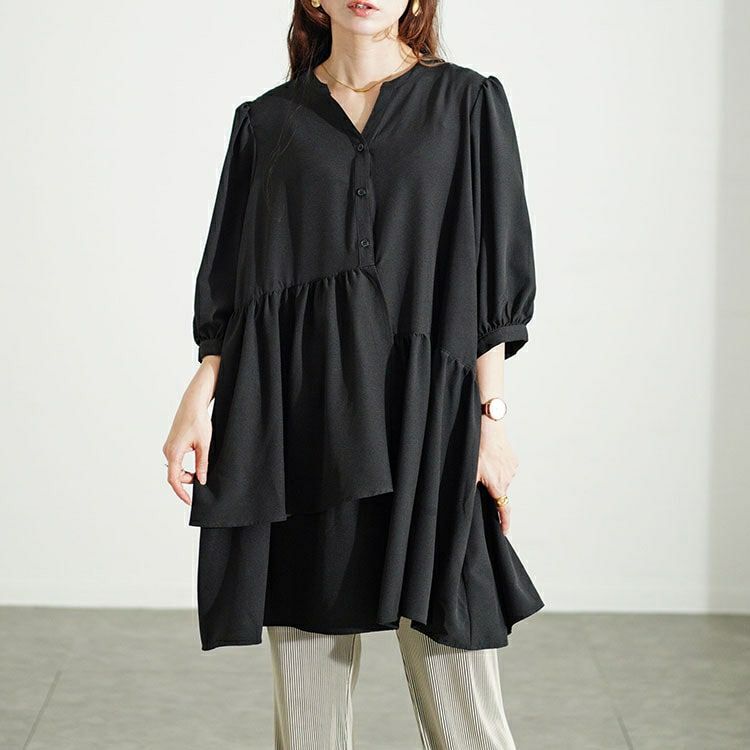 大きいサイズ レディース アシメティアードキーネックチュニック　fem-500