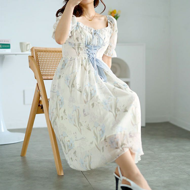 大きいサイズ レディース ウエストレースアップシフォンワンピース