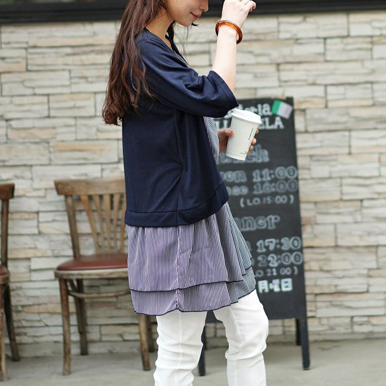 大きいサイズ レディース カーデドッキングストライプティアードチュニック　cast-5546005 【メール便可】