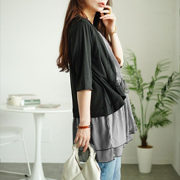大きいサイズ レディース カーデドッキングストライプティアードチュニック　cast-5546005 【メール便可】