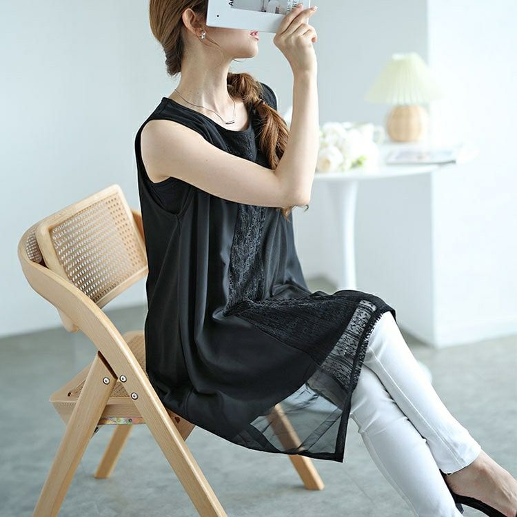 大きいサイズ レディース レース切り替えイレヘムノースリーブ