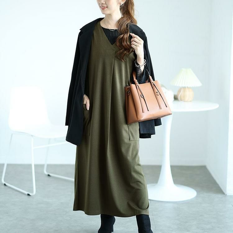 大きいサイズ レディース バックスリットフロントタックジャンパースカート　fem-503 カーキ