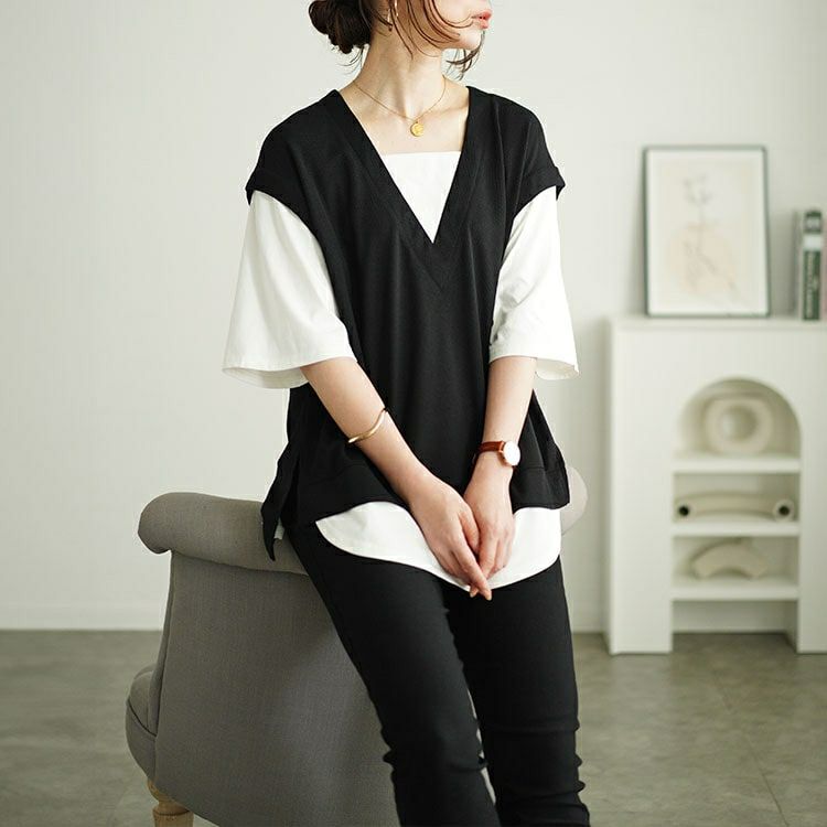 大きいサイズ レディース ワッフルベストフェイクレイヤードプルオーバー　maru-30049 【メール便可】