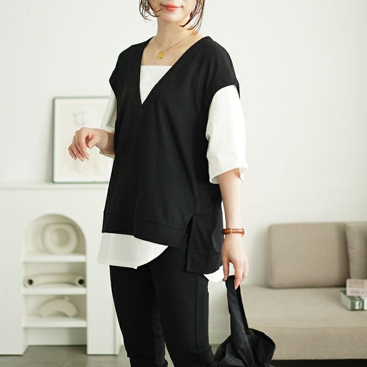 大きいサイズ レディース ワッフルベストフェイクレイヤードプルオーバー　maru-30049 【メール便可】