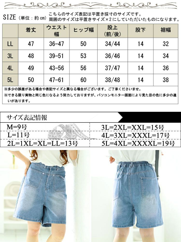 大きいサイズ レディース Aラインウォッシュデニムハーフパンツ　goldy-1547