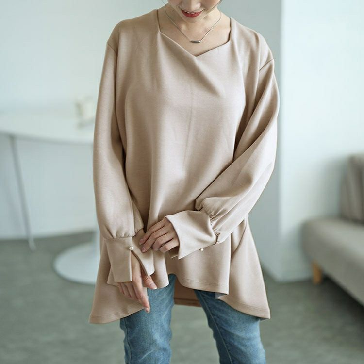 大きいサイズ レディース パールボタンハートネックペプラムカットソー　mncut-142546