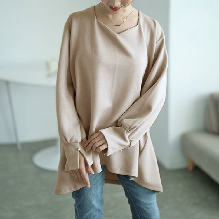 大きいサイズ レディース パールボタンハートネックペプラムカットソー　mncut-142546 グレージュ