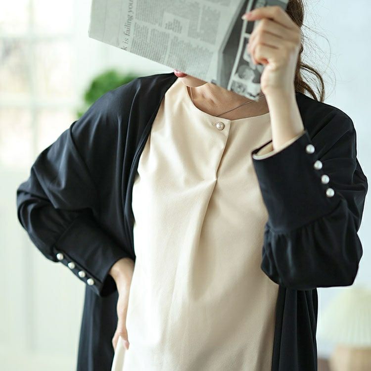 大きいサイズ レディース パールボタンロングトッパーカーディガン＆ブラウス2点セット　mncut-142542