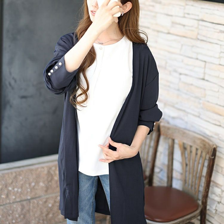 大きいサイズ レディース パールボタンロングトッパーカーディガン＆ブラウス2点セット　mncut-142542