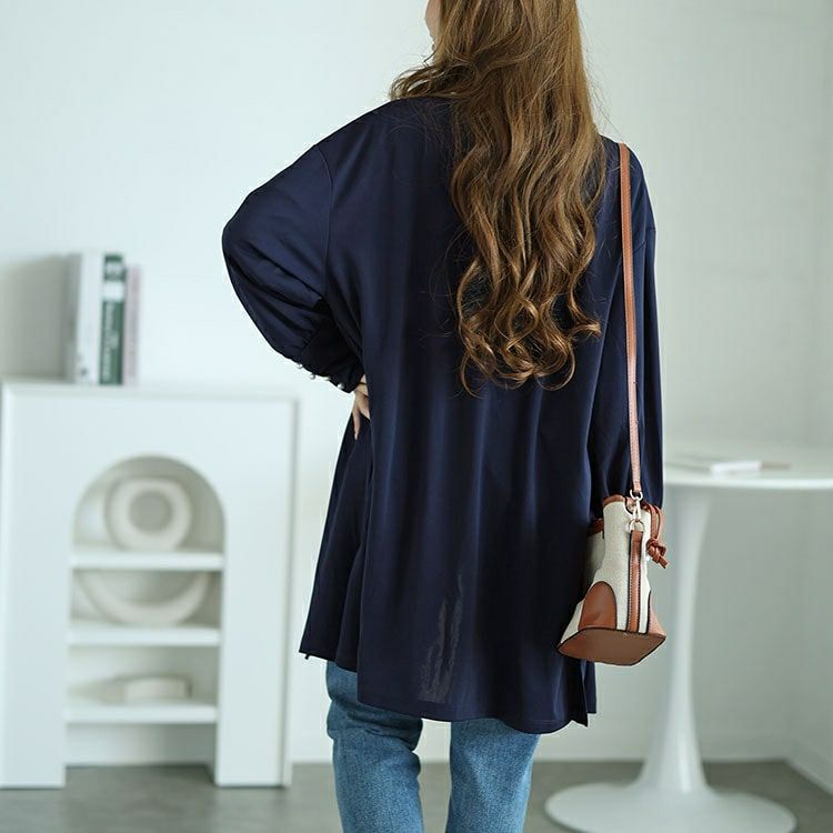 大きいサイズ レディース パールボタンロングトッパーカーディガン＆ブラウス2点セット　mncut-142542