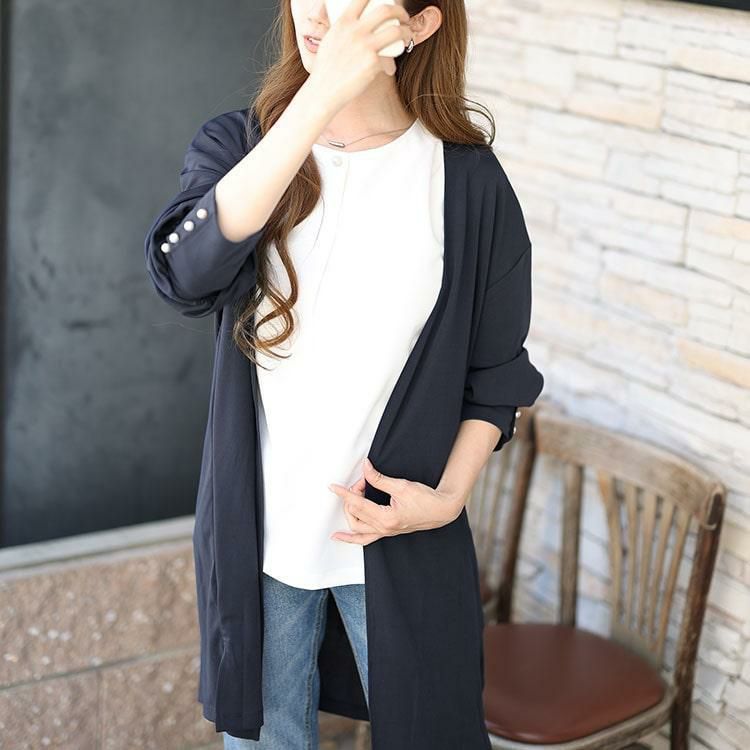 大きいサイズ レディース パールボタンロングトッパーカーディガン＆ブラウス2点セット　mncut-142542 ネイビー