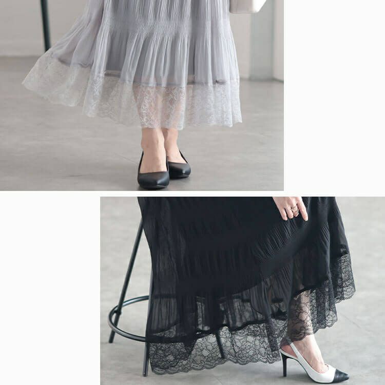 大きいサイズ レディース ランダムシャーリング裾レーススカート　sfe-0010
