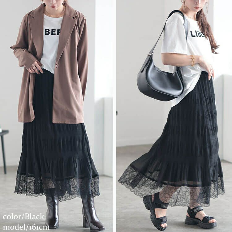 大きいサイズ レディース ランダムシャーリング裾レーススカート　sfe-0010