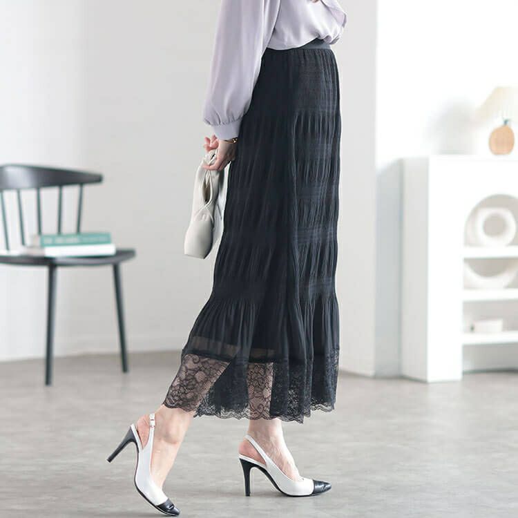 大きいサイズ レディース ランダムシャーリング裾レーススカート　sfe-0010
