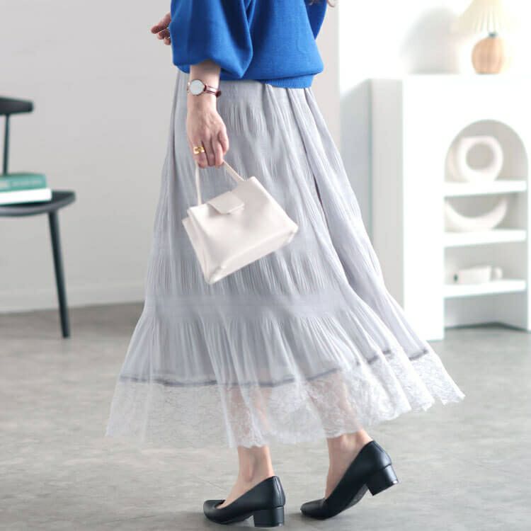 大きいサイズ レディース ランダムシャーリング裾レーススカート　sfe-0010