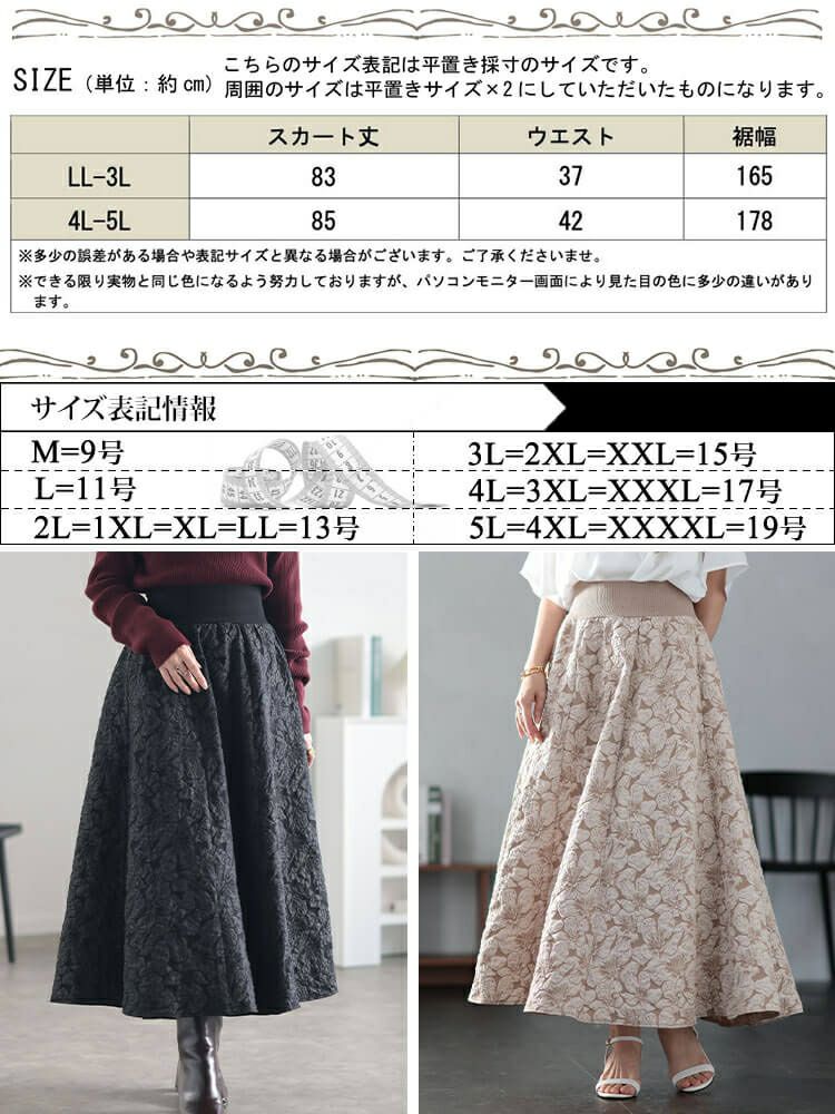 大きいサイズ レディース フラワージャガード太リブボリュームフレアスカート　sfe-0009