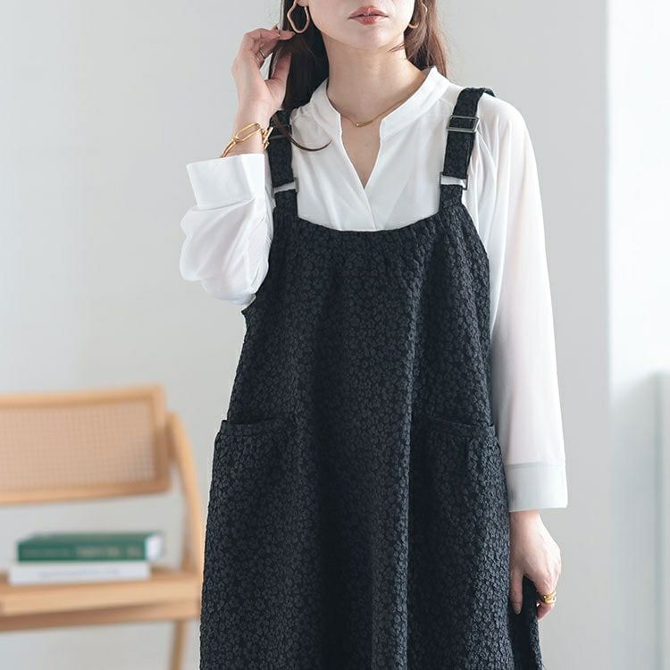 大きいサイズ レディース 小花ジャガードギャザーポケットジャンパースカート　cpdai-640515