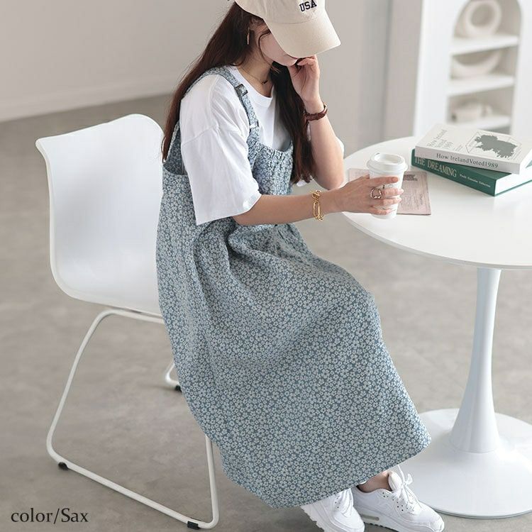 大きいサイズ レディース 小花ジャガードギャザーポケットジャンパースカート　cpdai-640515