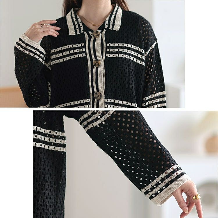 大きいサイズ レディース かぎ針風ボーダーニットシャツ　cpdai-640513