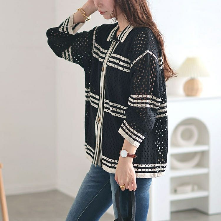 大きいサイズ レディース かぎ針風ボーダーニットシャツ　cpdai-640513
