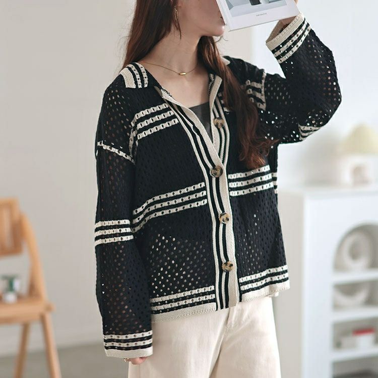 大きいサイズ レディース かぎ針風ボーダーニットシャツ　cpdai-640513