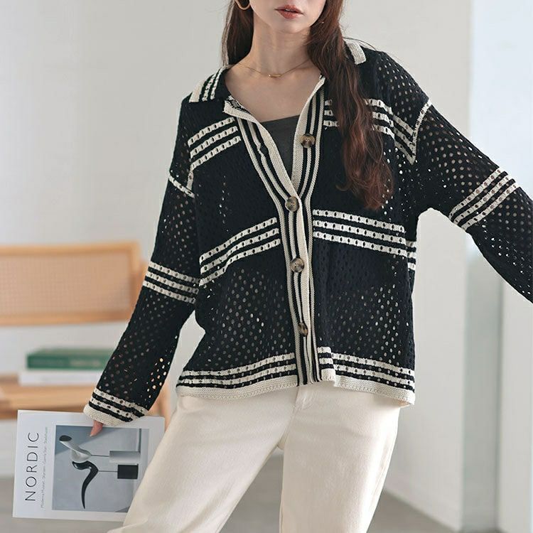 大きいサイズ レディース かぎ針風ボーダーニットシャツ　cpdai-640513