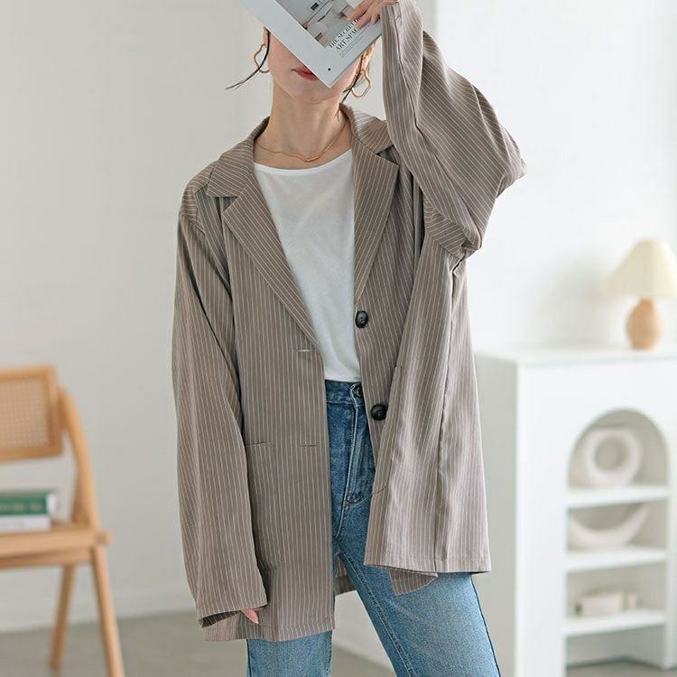 大きいサイズ レディース オーバーサイズストレッチピンストライプテーラードジャケット　and-aa1493ll