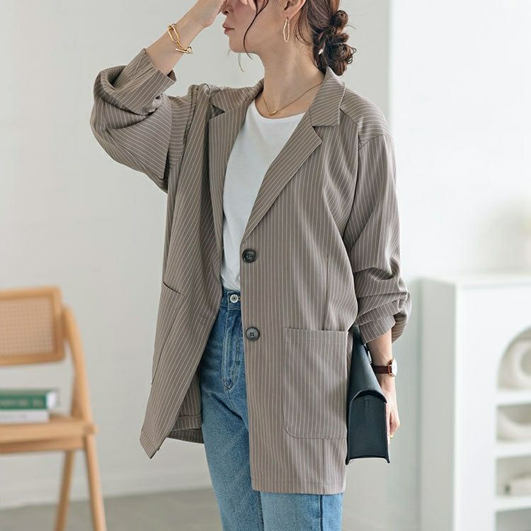大きいサイズ レディース オーバーサイズストレッチピンストライプテーラードジャケット　and-aa1493ll