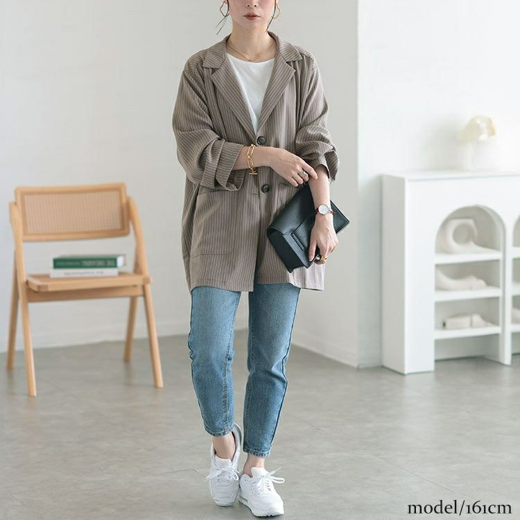 大きいサイズ レディース オーバーサイズストレッチピンストライプテーラードジャケット　and-aa1493ll