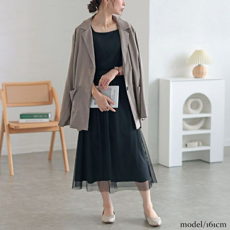 大きいサイズ レディース オーバーサイズストレッチピンストライプテーラードジャケット　and-aa1493ll