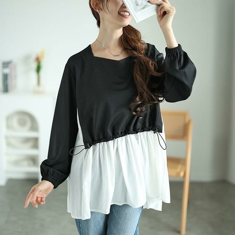 大きいサイズ レディース フロントドロストフェイクレイヤードチュニック　fem-513 ブラック×ホワイト