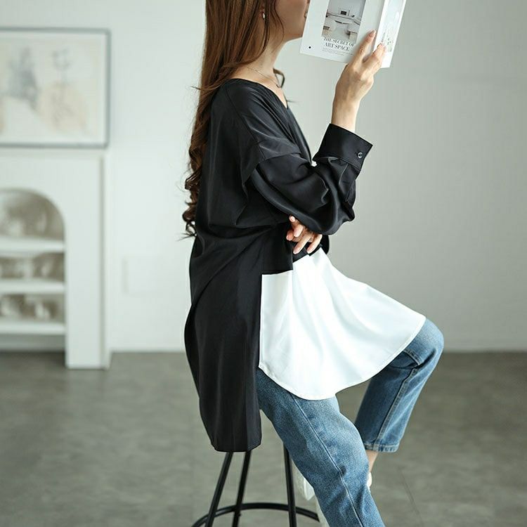 大きいサイズ レディース フェイクレイヤード肩デザインチュニック　fem-521 【メール便可】