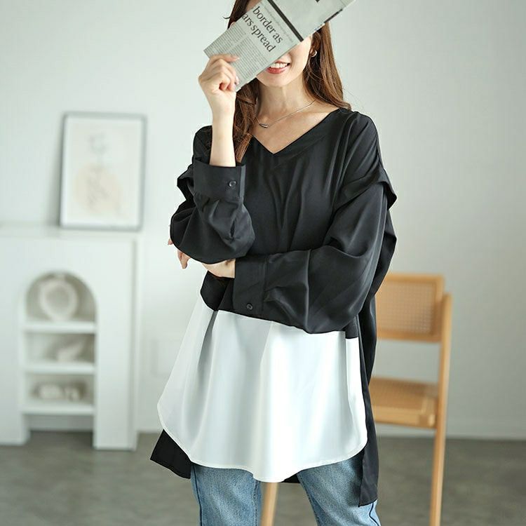 大きいサイズ レディース フェイクレイヤード肩デザインチュニック　fem-521 【メール便可】