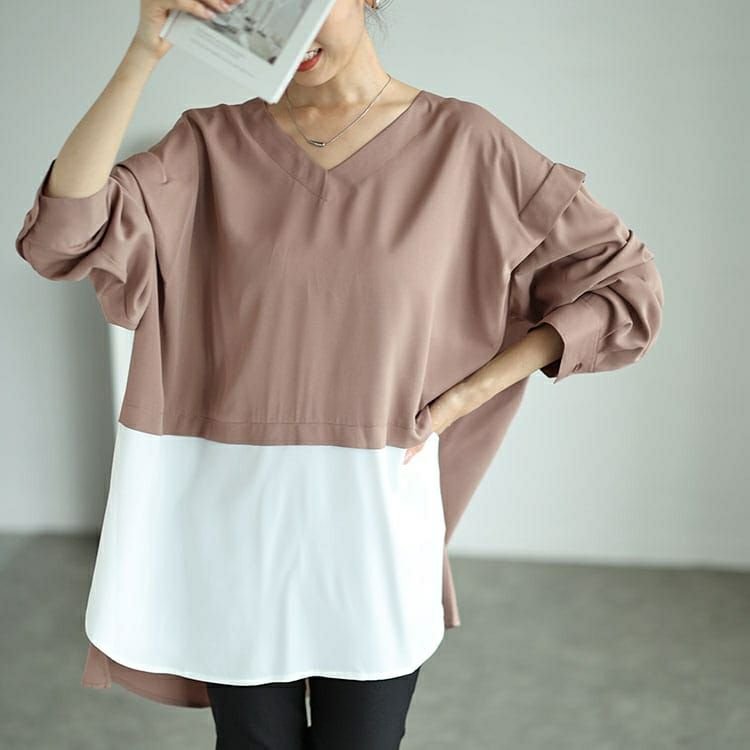 大きいサイズ レディース フェイクレイヤード肩デザインチュニック　fem-521 【メール便可】