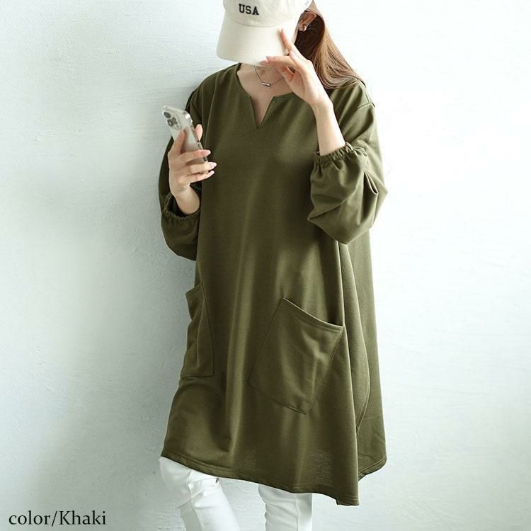 大きいサイズ レディース キーネックイレヘムチュニック　fem-509 カーキ