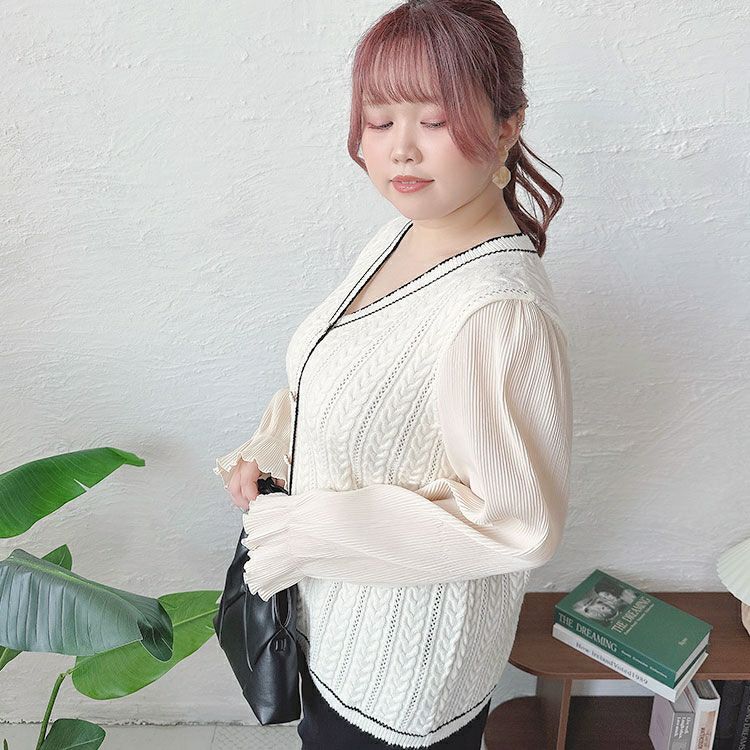大きいサイズ レディース プリーツ袖切替えニットトップス　goldy-1569