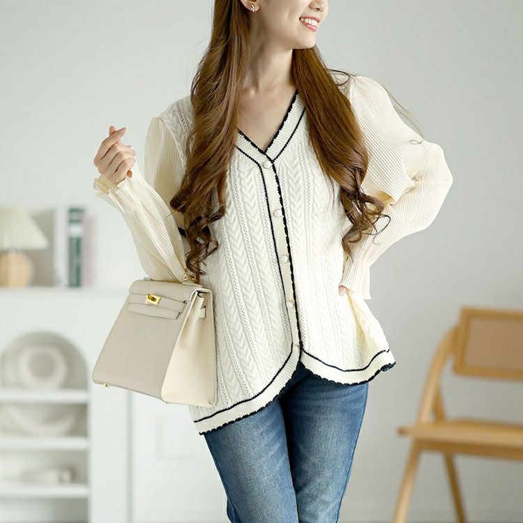 大きいサイズ レディース プリーツ袖切替えニットトップス　goldy-1569