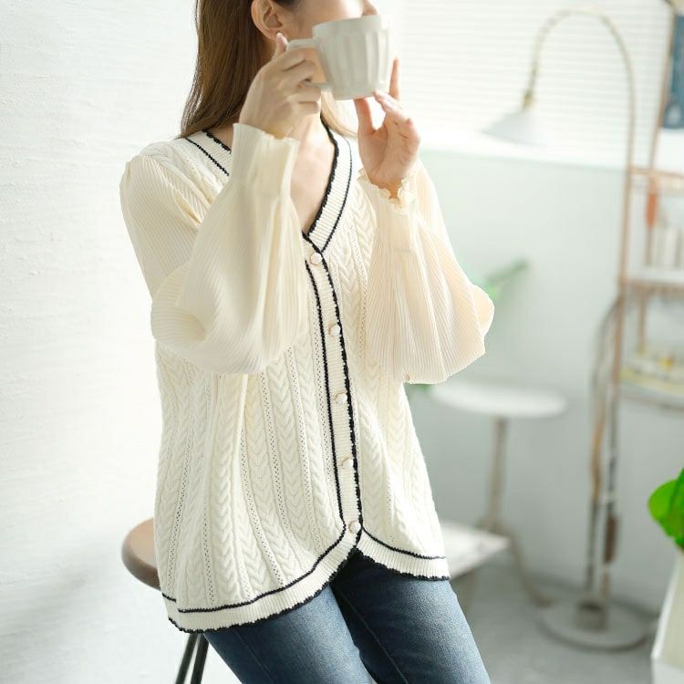 大きいサイズ レディース プリーツ袖切替えニットトップス　goldy-1569