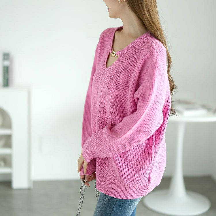 大きいサイズ レディース チェーン付きリブニット　goldy-1568