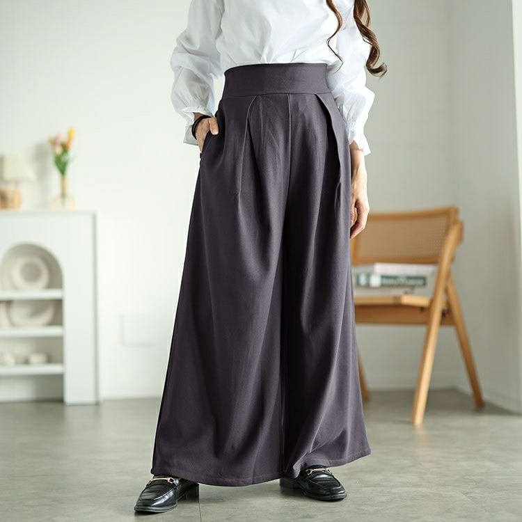 大きいサイズ レディース 裾が床につかないストレッチタックワイドパンツ　kt-152
